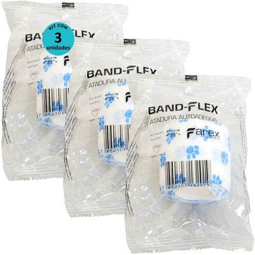 Atadura 5cm Branca Com Patinhas Band-Flex Autoadesiva Para Animais Farex Kit Com 3